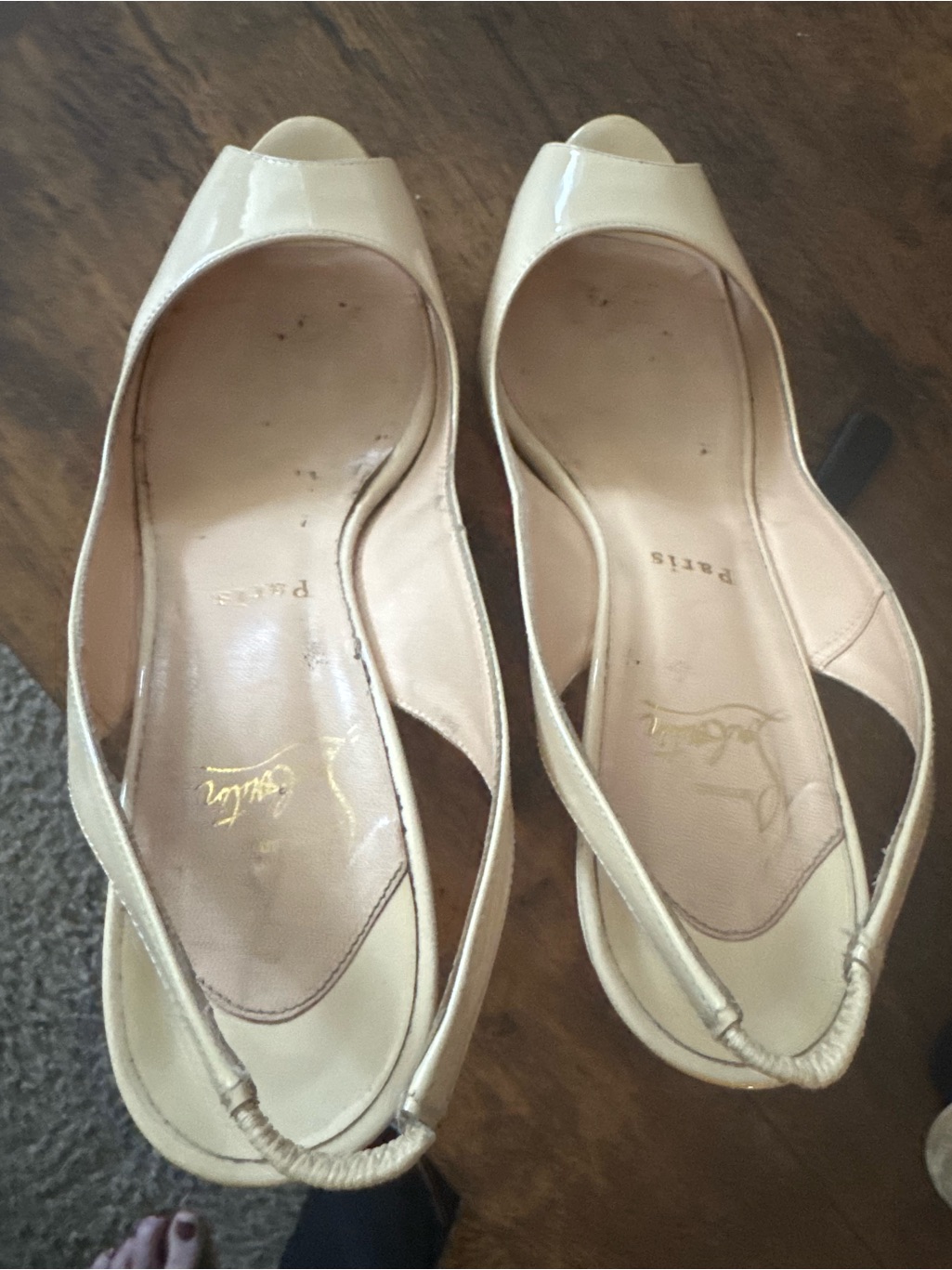 Christian Louboutin Nude Patent Peep-Toe Slingback Heels